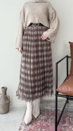 Ekose Şifon Etek - Kahve - Görsel 5