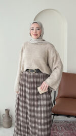 Ekose Şifon Etek - Kahve - Görsel 7