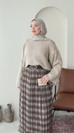 Ekose Şifon Etek - Kahve - Görsel 8