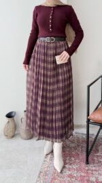 Ekose Şifon Etek - Bordo - Görsel 2