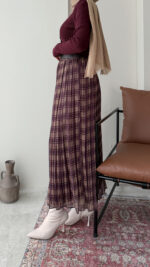 Ekose Şifon Etek - Bordo - Görsel 4