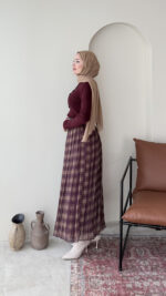 Ekose Şifon Etek - Bordo - Görsel 6