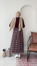 Ekose Şifon Etek - Bordo - Görsel 7