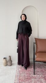 Sayle Detaylı Palazzo Pantalon - Mürdüm - Görsel 3