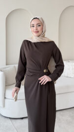 Sare Pileli Elbise - Koyu Kahve - Görsel 4
