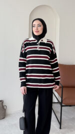 Dora Çizgili Triko Kazak - Siyah