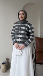 Çizgili Mini Hırka - Gri