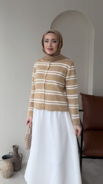 Çizgili Mini Hırka - Camel