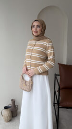 Çizgili Mini Hırka - Camel - Görsel 2