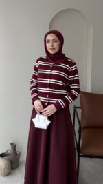 Çizgili Mini Hırka - Bordo