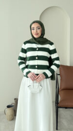 Nera Çizgili Triko Hırka - Haki