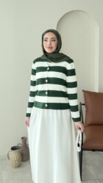 Nera Çizgili Triko Hırka - Haki - Görsel 2