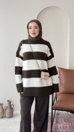 Ella Çizgili Triko Kazak - Kahve - Görsel 2