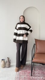 Ella Çizgili Triko Kazak - Kahve - Görsel 3