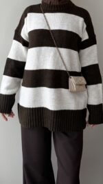 Ella Çizgili Triko Kazak - Kahve - Görsel 5