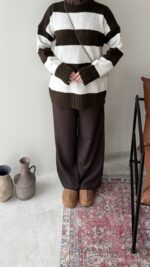 Ella Çizgili Triko Kazak - Kahve - Görsel 6