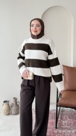 Ella Çizgili Triko Kazak – Taş - Görsel 2