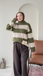 Ella Çizgili Triko Kazak – Haki - Görsel 2