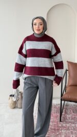 Ella Çizgili Triko Kazak – Bordo
