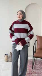 Ella Çizgili Triko Kazak – Bordo - Görsel 2