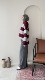 Ella Çizgili Triko Kazak – Bordo - Görsel 5