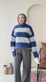 Ella Çizgili Triko Kazak – Mavi - Görsel 2