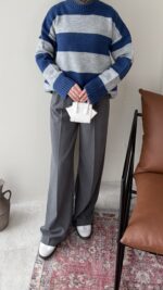 Ella Çizgili Triko Kazak – Mavi - Görsel 7