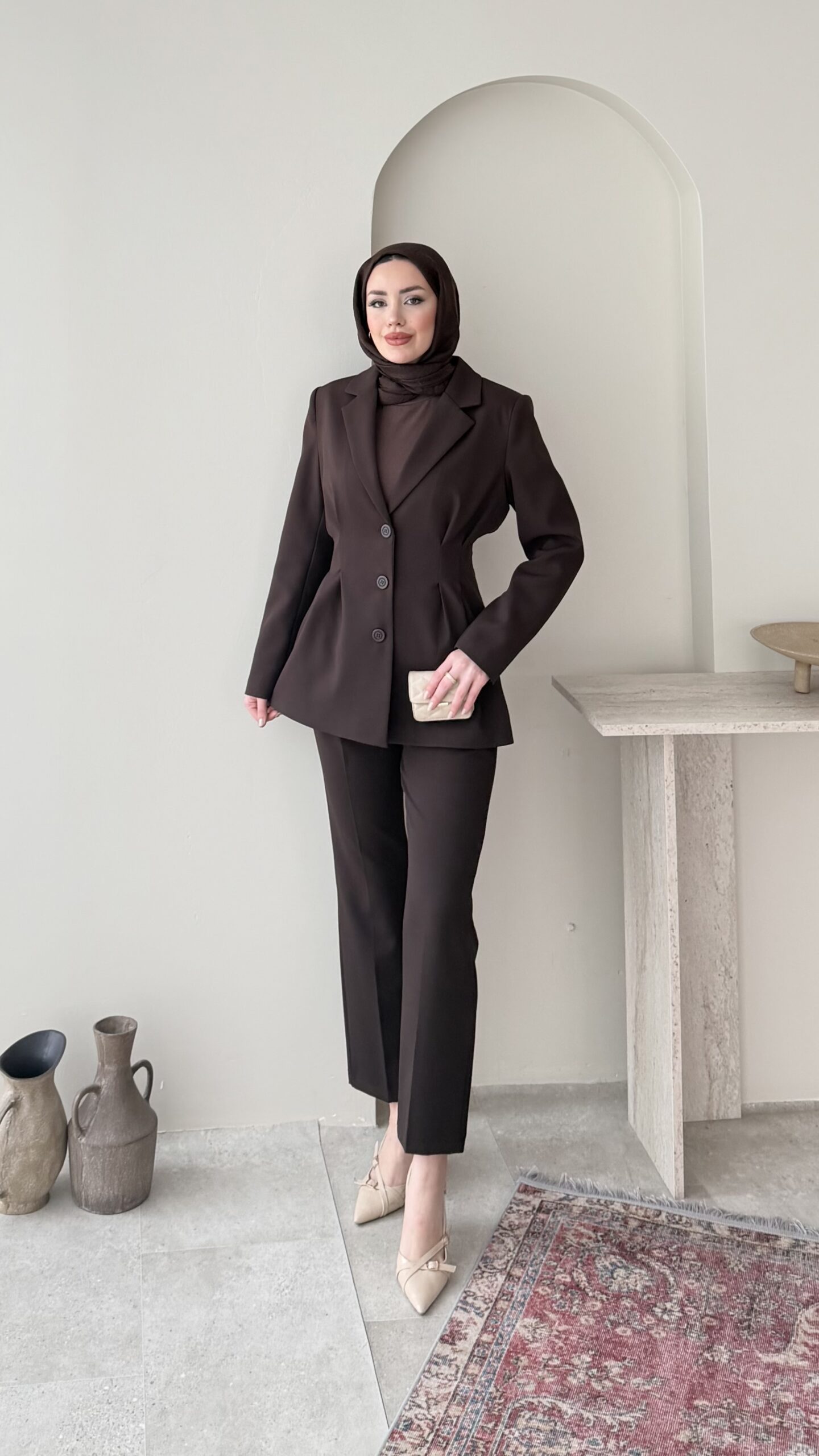 1770237944_0_6983aff86c985.jpeg Polya Blazer Takım – Kahve - Görsel 1