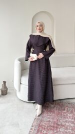 Ekose Bağlama Detaylı Elbise - Mürdüm