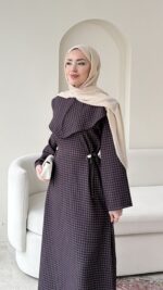 Ekose Bağlama Detaylı Elbise - Mürdüm - Görsel 5