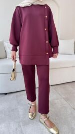 Sole Düğmeli Scuba Takım - Bordo - Görsel 4