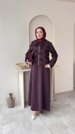 Velvet Jileli Ceket Takım - Bordo