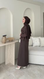 Wool Yandan Büzgülü Takım - Kahverengi - Görsel 2