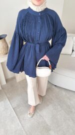 Luxe Piliseli Gömlek - Lacivert - Görsel 3