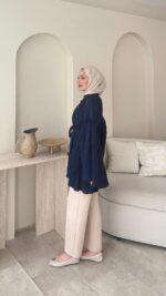 Luxe Piliseli Gömlek - Lacivert - Görsel 4