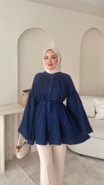 Luxe Piliseli Gömlek - Lacivert - Görsel 6