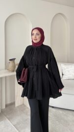 Luxe Piliseli Gömlek - Siyah - Görsel 2