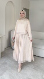 Balm İnci İşlemeli Takım - Vizon