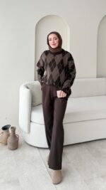 Baklava Desen Triko Kazak - Kahverengi