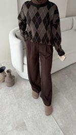 Baklava Desen Triko Kazak - Kahverengi - Görsel 4