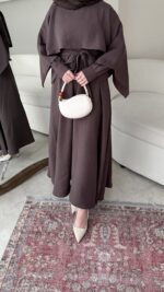 Anka Pelerinli Elbise - Kahve - Görsel 5