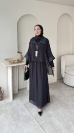 Fresh Broşlu Şifon Takım - Siyah