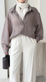 Linda Çizgili Gömlek - Kahverengi - Görsel 5