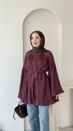 Luxe Piliseli Gömlek – Bordo - Görsel 4