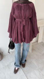 Luxe Piliseli Gömlek – Bordo - Görsel 5