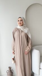 İndirimli Müslin Elbise - Vizon - Görsel 4