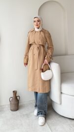 İndirimli Kolu Kemerli Trenç - Camel