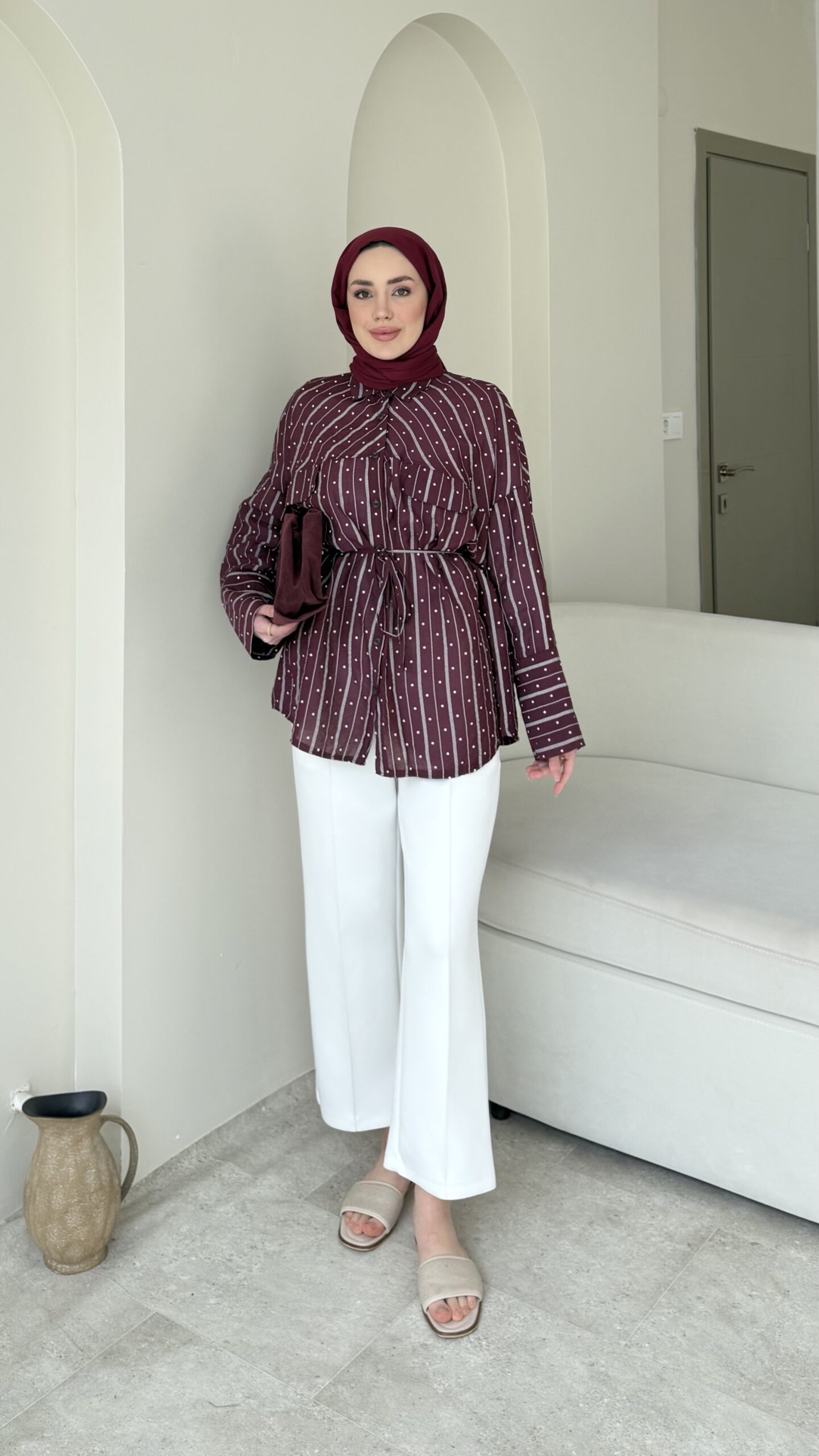 1777741593_0_69f62f19207d7.jpeg Zenna Puantiyeli Gömlek-Bordo - Görsel 1