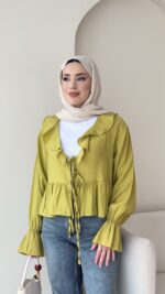 İndirimli Yakası Volanlı Gömlek - Yağ Yeşili - Görsel 3