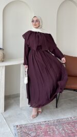 Berva Pelerin Detaylı Elbise-Mürdüm